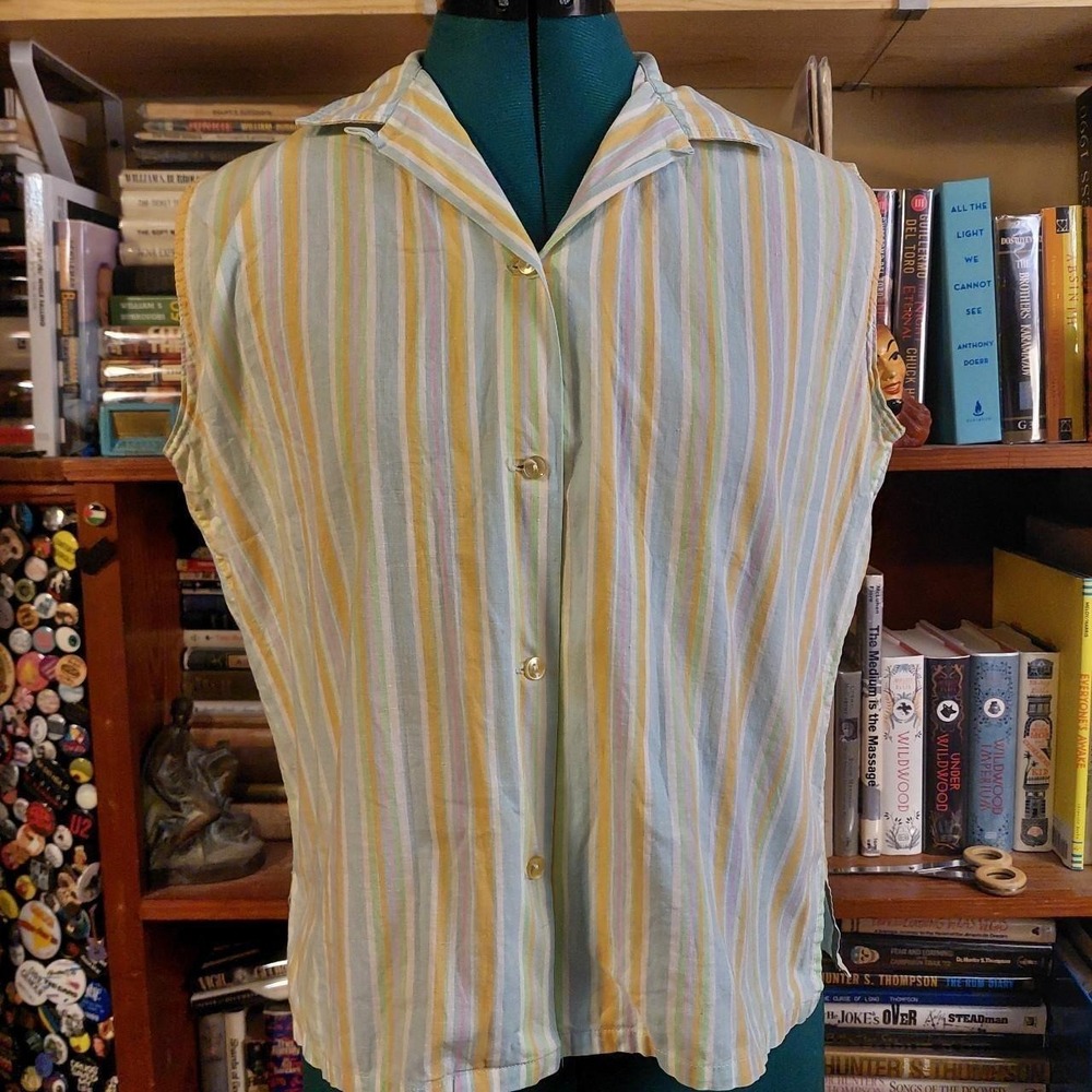 Vintage blue, white, orange, pink, and green tank top button up.